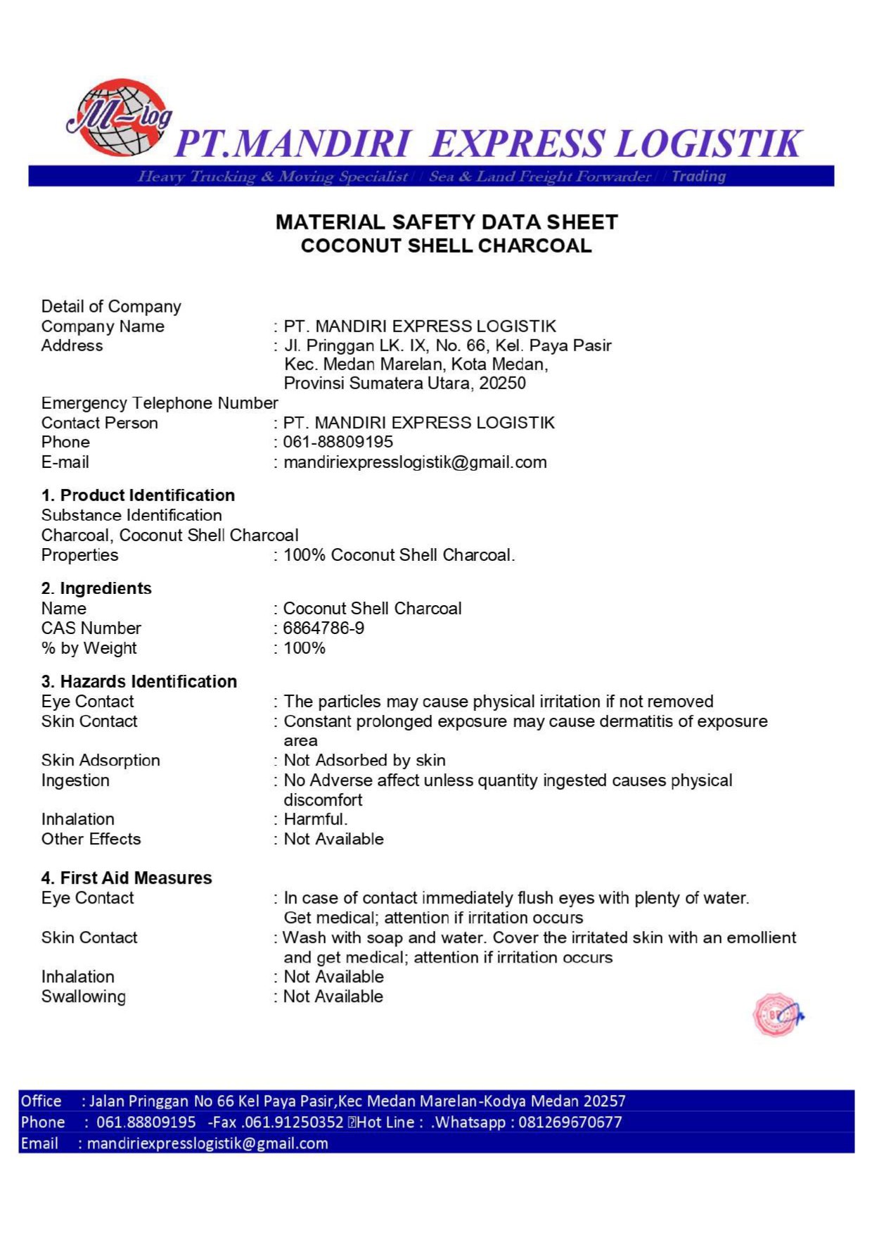 MSDS Coconut Shell Charcoal - PT MANDIRI EXPRESS LOGISTIK