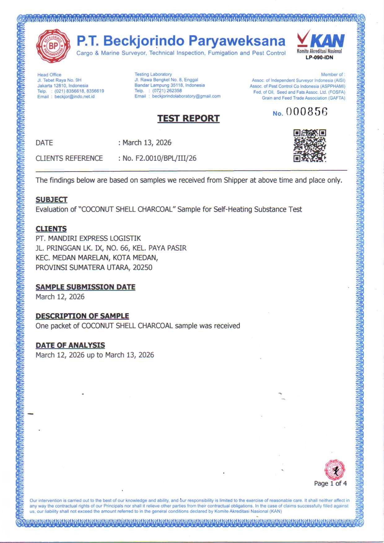 Self Heating Test Coconuts Shell Coarcoal